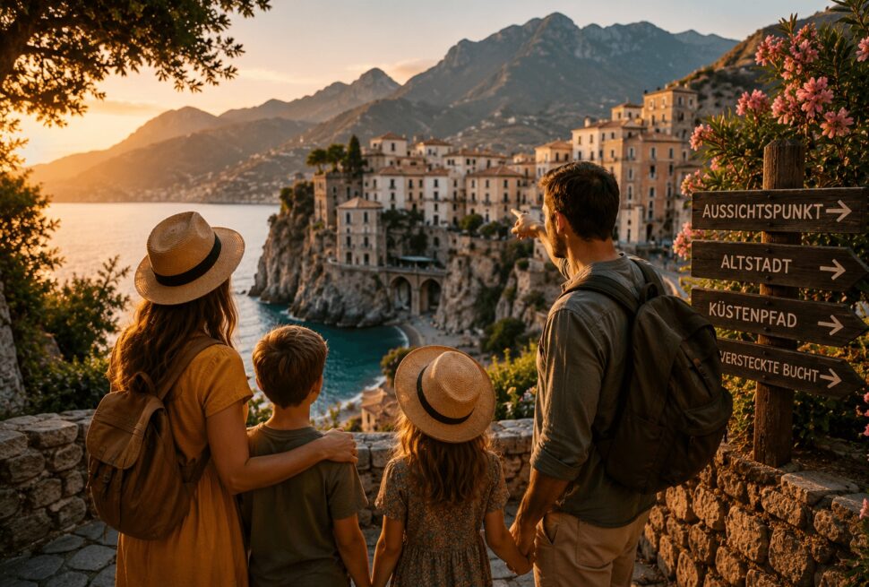 Familie mit zwei Kindern entdeckt faszinierende Sehenswürdigkeiten an einer mediterranen Küstenlandschaft