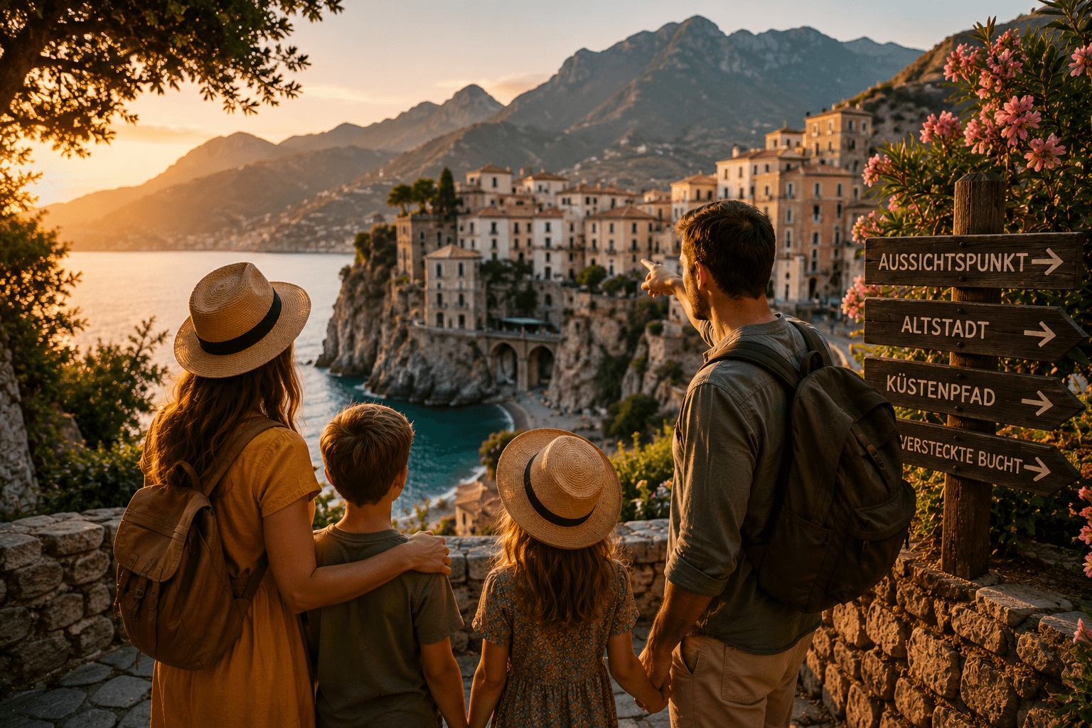 Familie mit zwei Kindern entdeckt faszinierende Sehenswürdigkeiten an einer mediterranen Küstenlandschaft