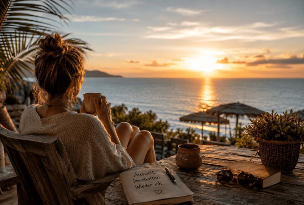 Frau genießt ruhige mentale Erholung bei Sonnenuntergang am Meer während eines bewussten Urlaubs