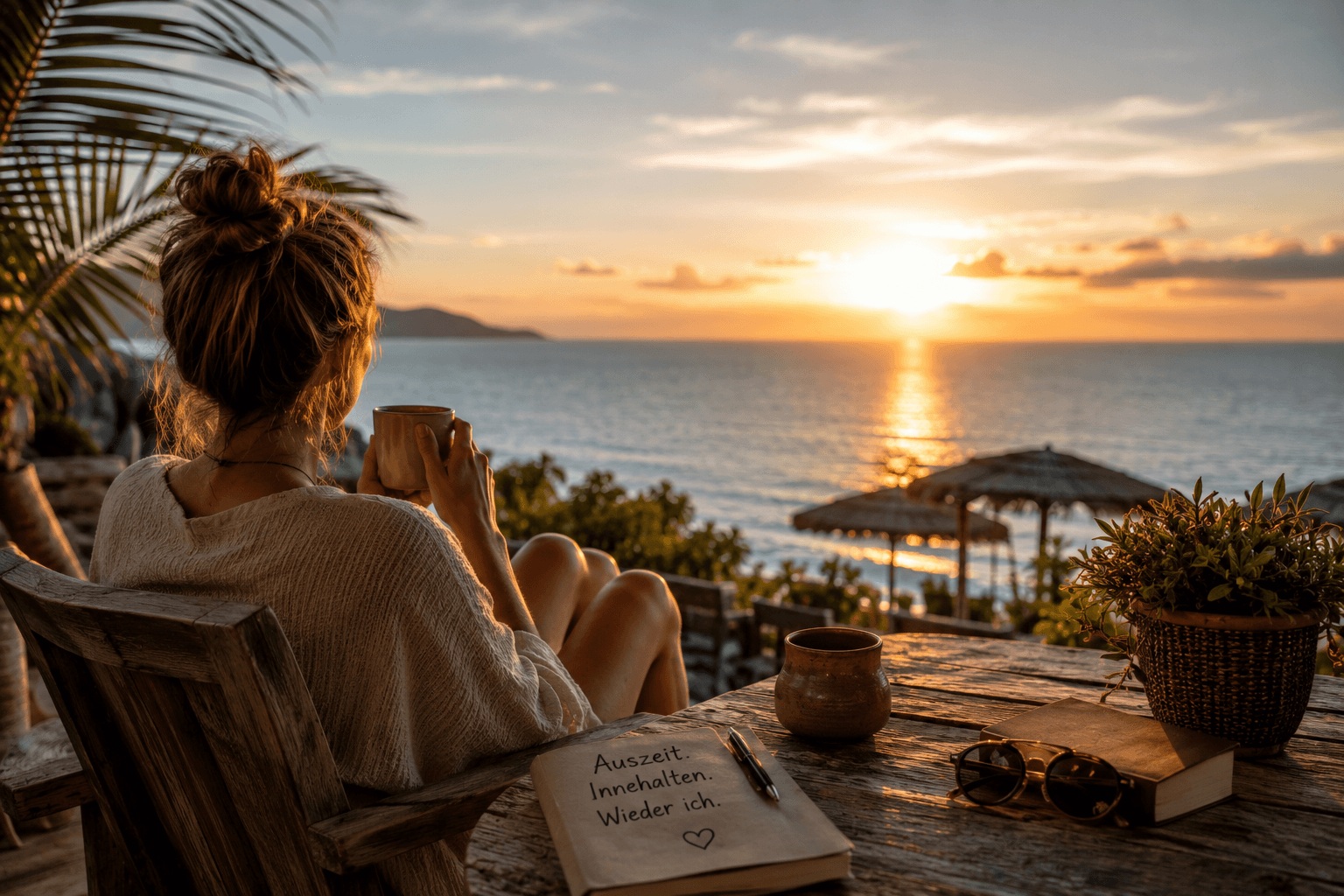 Frau genießt ruhige mentale Erholung bei Sonnenuntergang am Meer während eines bewussten Urlaubs