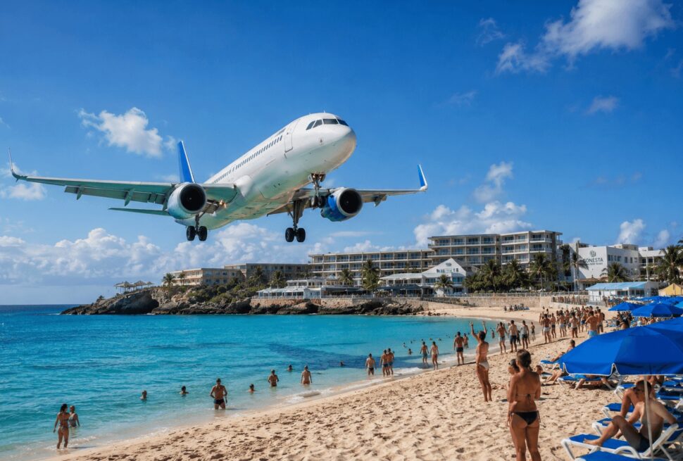 Flugzeug landet nahe eines Sandstrandes mit Badegästen bei einem modernen All-Inclusive Urlaub