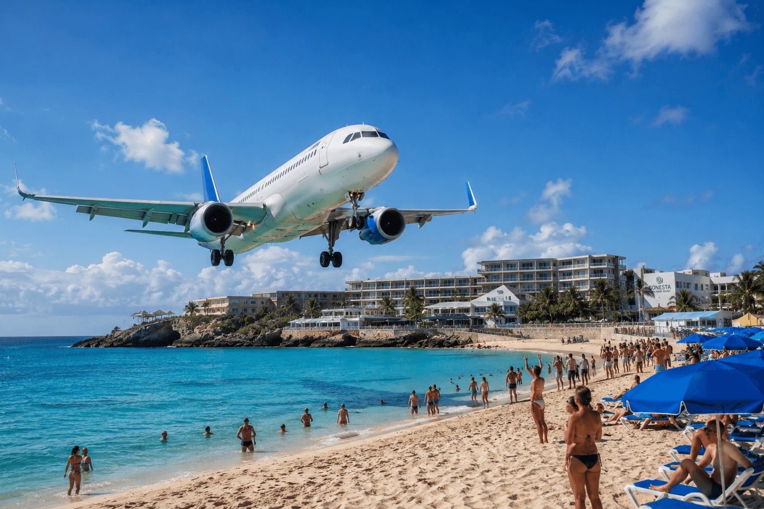 Flugzeug landet nahe eines Sandstrandes mit Badegästen bei einem modernen All-Inclusive Urlaub