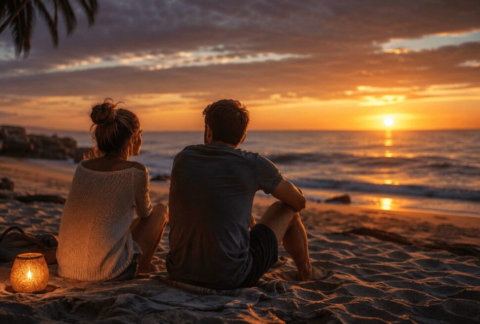 Paar erlebt emotionale Urlaubsmomente bei Sonnenuntergang am ruhigen Strand