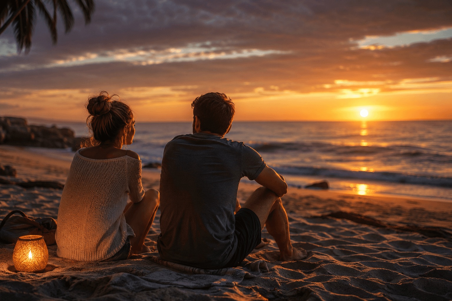 Paar erlebt emotionale Urlaubsmomente bei Sonnenuntergang am ruhigen Strand