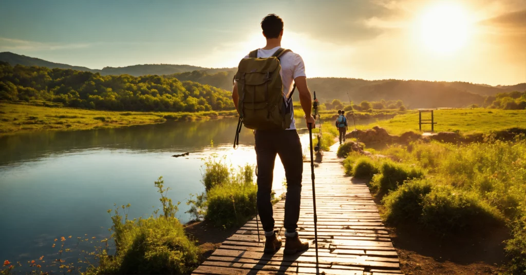Ein glücklicher Wanderer genießt die Aussicht auf einem Berggipfel bei Sonnenaufgang.