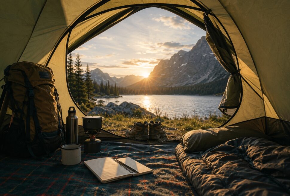 Gemütliches Camping-Zelt mit Outdoor-Ausrüstung und ruhigem Bergsee bei Sonnenuntergang