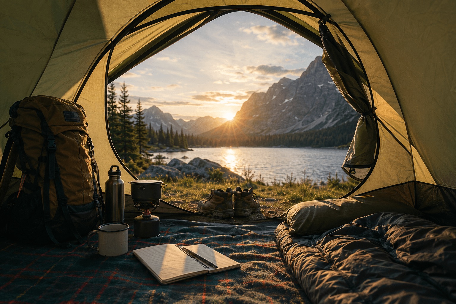 Gemütliches Camping-Zelt mit Outdoor-Ausrüstung und ruhigem Bergsee bei Sonnenuntergang