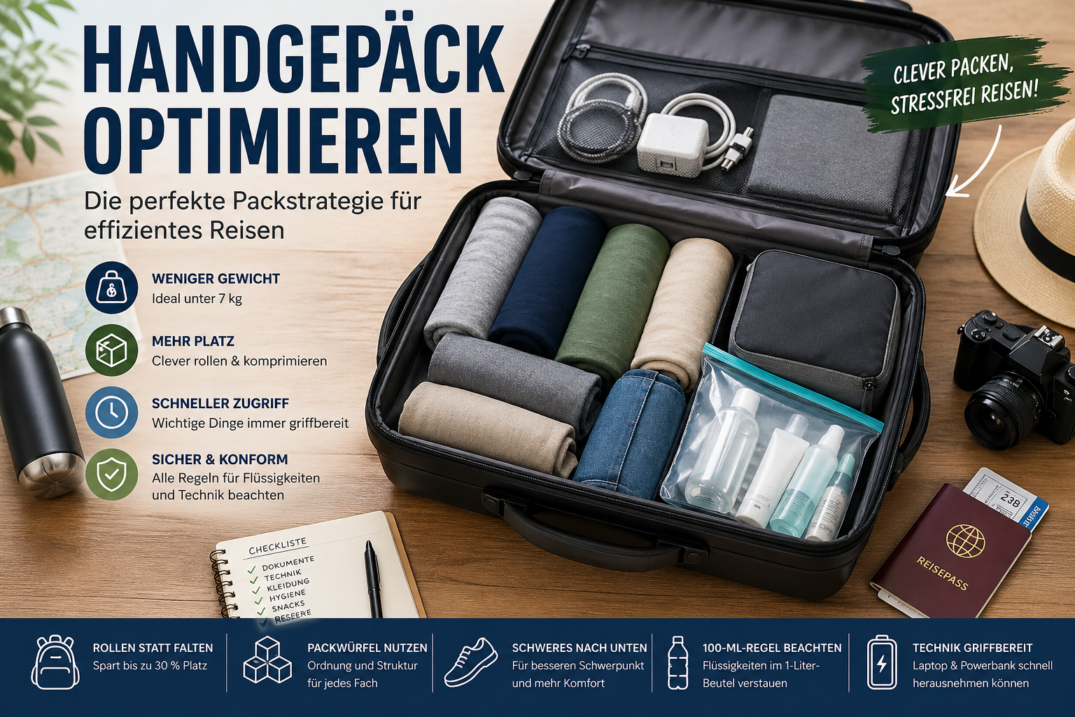 Handgepäck optimieren mit strukturierter Packstrategie für effizientes Reisen im Flugzeug