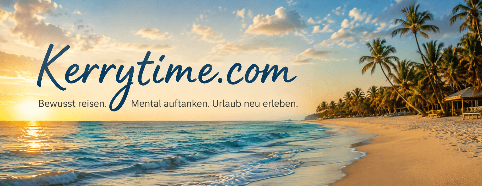 Panorama Headerbild von Kerrytime.com mit tropischem Strand, Meer und entspannter Reiseatmosphäre